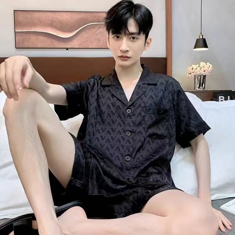 Men's new pajamas summer short sleeved shorts ice silk thin style summer silk loose home clothes 2-piece set