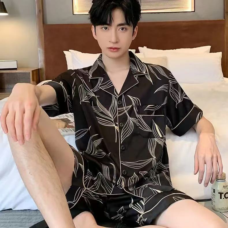 Men's new pajamas summer short sleeved shorts ice silk thin style summer silk loose home clothes 2-piece set