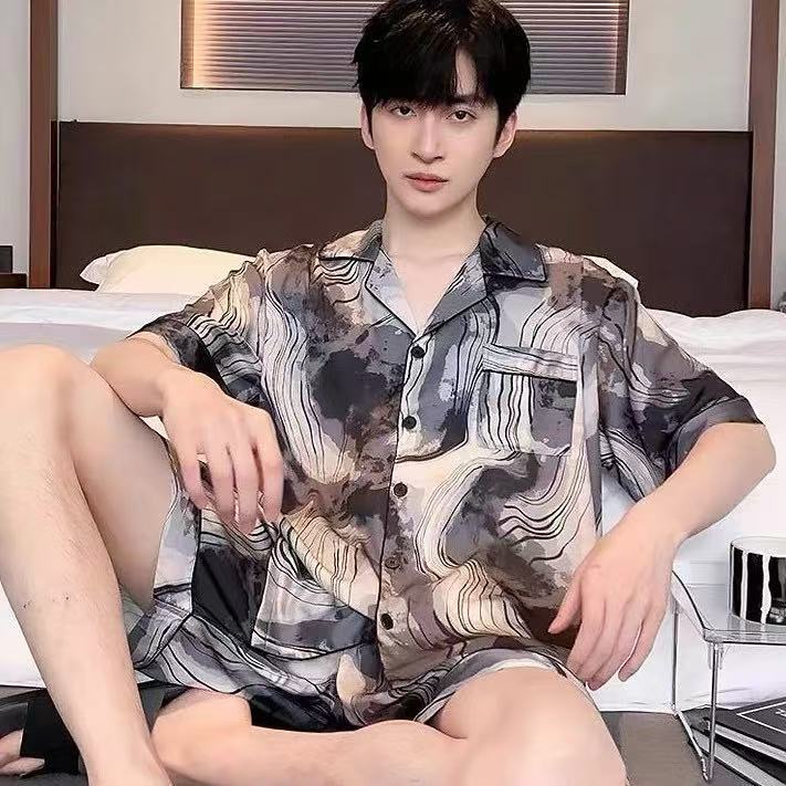 Men's new pajamas summer short sleeved shorts ice silk thin style summer silk loose home clothes 2-piece set