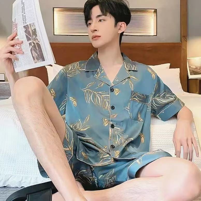 Men's new pajamas summer short sleeved shorts ice silk thin style summer silk loose home clothes 2-piece set