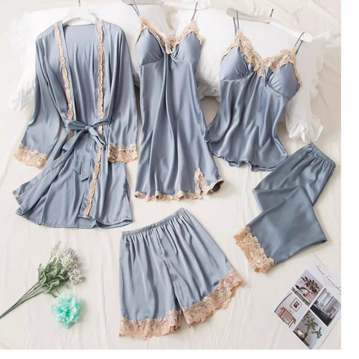 Fashion 5 Piece Pajama Sets Women's Pajamas Pijama Mujer Pyjamas Women Sleepwear Silk Pajamas Summer Homewear Sexy Pajamas women