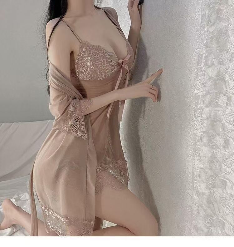 (3-piece set) High-end explosion models sexy lingerie large size perspective temptation sling sexy lace pajamas nightdress suit