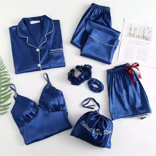 Women's 7 Pieces Pajamas Sets Satin Nightwear Femme Sleepwear Spring Summer Autumn Casual Homewear Mujer Pijamas Pyjama