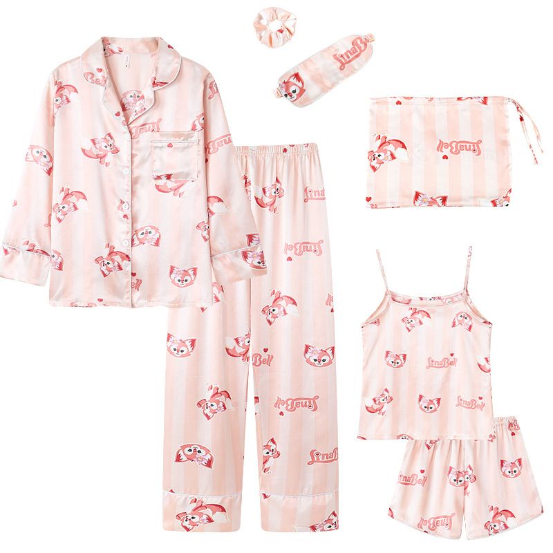 Women's 7 Pieces Pajamas Sets Satin Nightwear Femme Sleepwear Spring Summer Autumn Casual Homewear Mujer Pijamas Pyjama