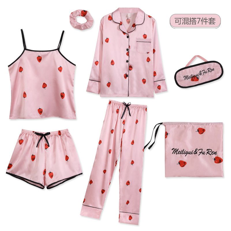 Women's 7 Pieces Pajamas Sets Satin Nightwear Femme Sleepwear Spring Summer Autumn Casual Homewear Mujer Pijamas Pyjama