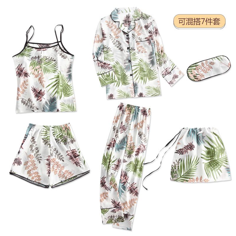 Women's 7 Pieces Pajamas Sets Satin Nightwear Femme Sleepwear Spring Summer Autumn Casual Homewear Mujer Pijamas Pyjama