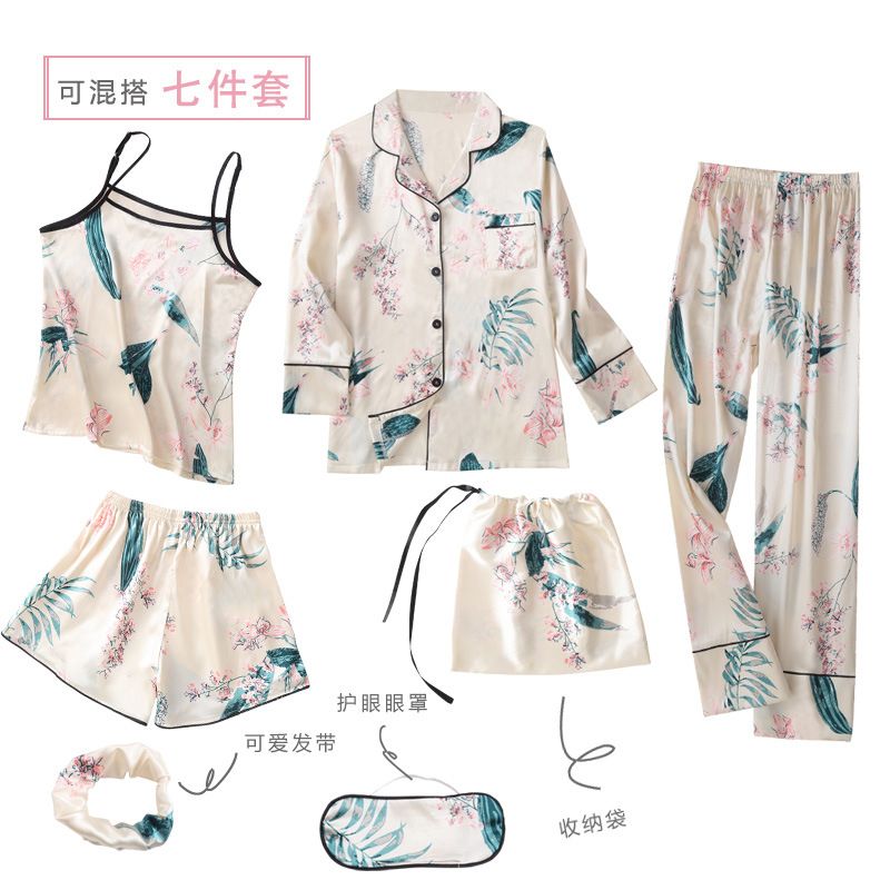 Women's 7 Pieces Pajamas Sets Satin Nightwear Femme Sleepwear Spring Summer Autumn Casual Homewear Mujer Pijamas Pyjama