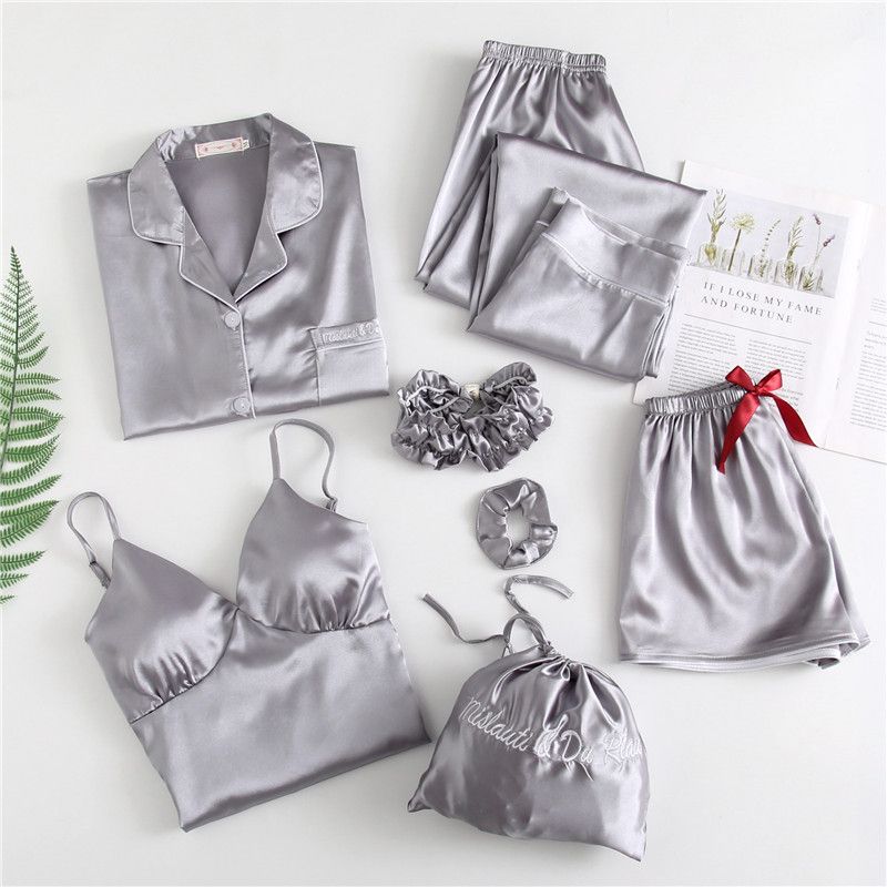 Women's 7 Pieces Pajamas Sets Satin Nightwear Femme Sleepwear Spring Summer Autumn Casual Homewear Mujer Pijamas Pyjama
