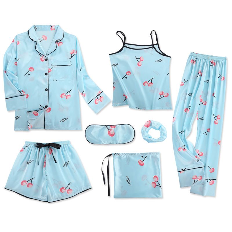 Women's 7 Pieces Pajamas Sets Satin Nightwear Femme Sleepwear Spring Summer Autumn Casual Homewear Mujer Pijamas Pyjama