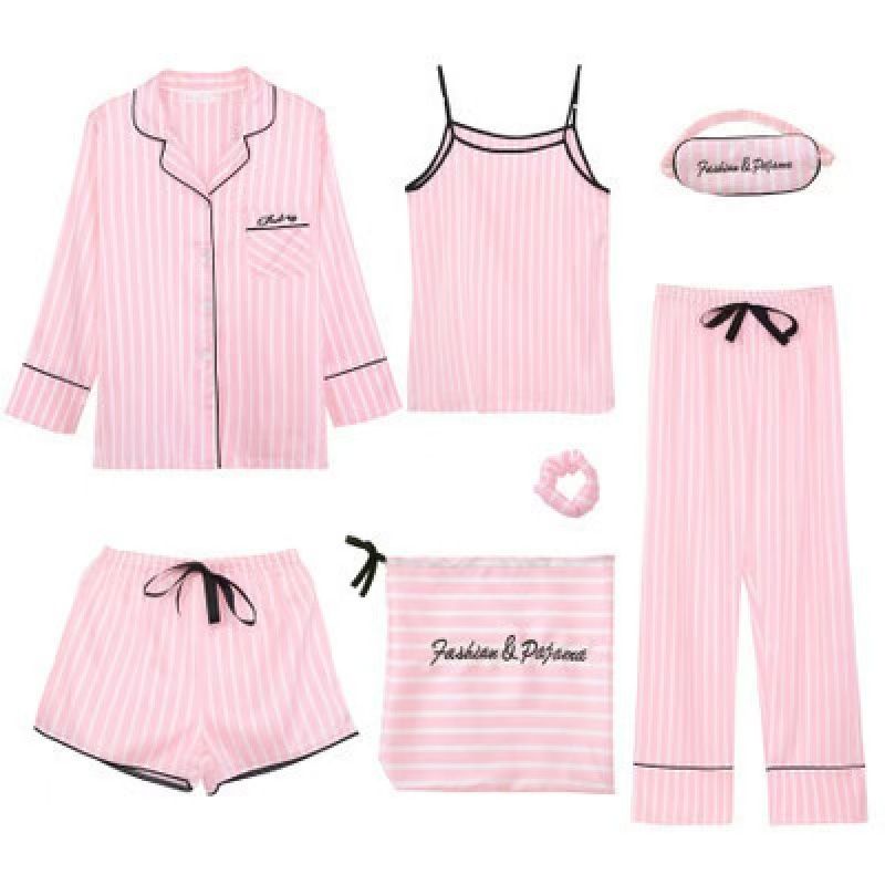 Women's 7 Pieces Pajamas Sets Satin Nightwear Femme Sleepwear Spring Summer Autumn Casual Homewear Mujer Pijamas Pyjama
