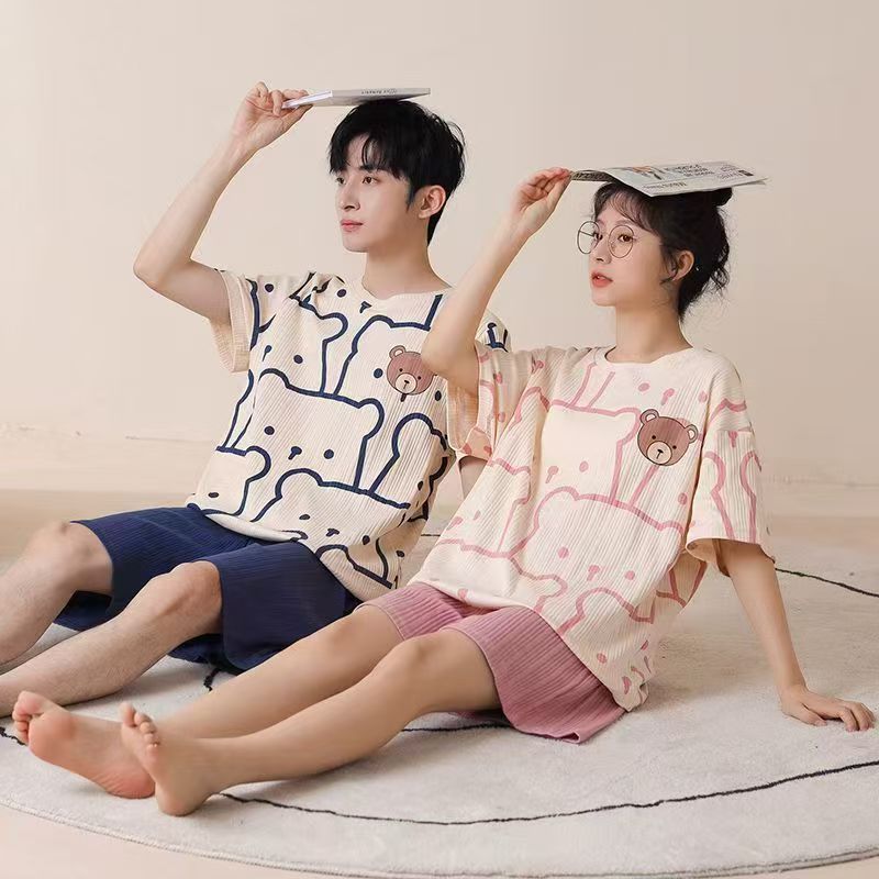 Pajamas Short -sleeved two-piece set can be worn outside cartoon bear men's home clothes women's suit