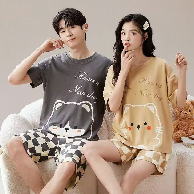 Pajamas Short -sleeved two-piece set can be worn outside cartoon bear men's home clothes women's suit