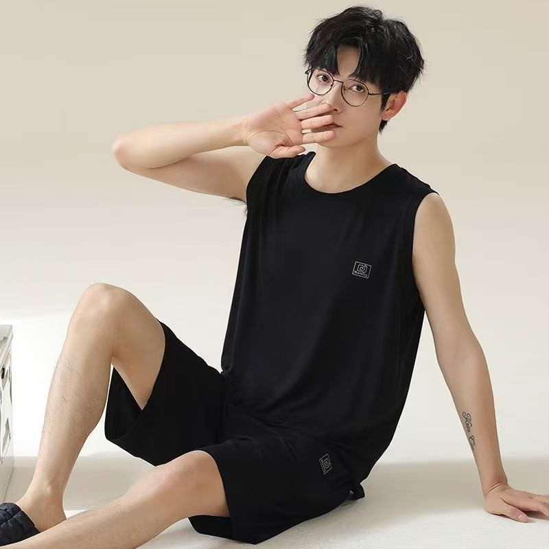 Men's Comfortable Pajama Set Summer Modal Cotton Men's Sleepwear Ice Silk Tank Top+Shorts Set Loose Home Clothes