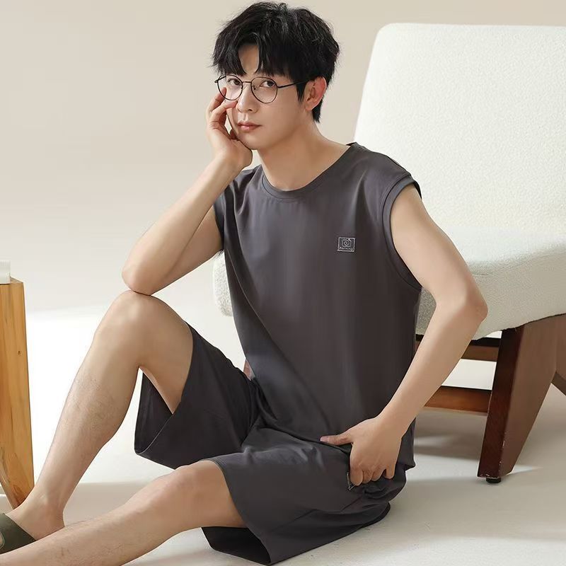 Men's Comfortable Pajama Set Summer Modal Cotton Men's Sleepwear Ice Silk Tank Top+Shorts Set Loose Home Clothes