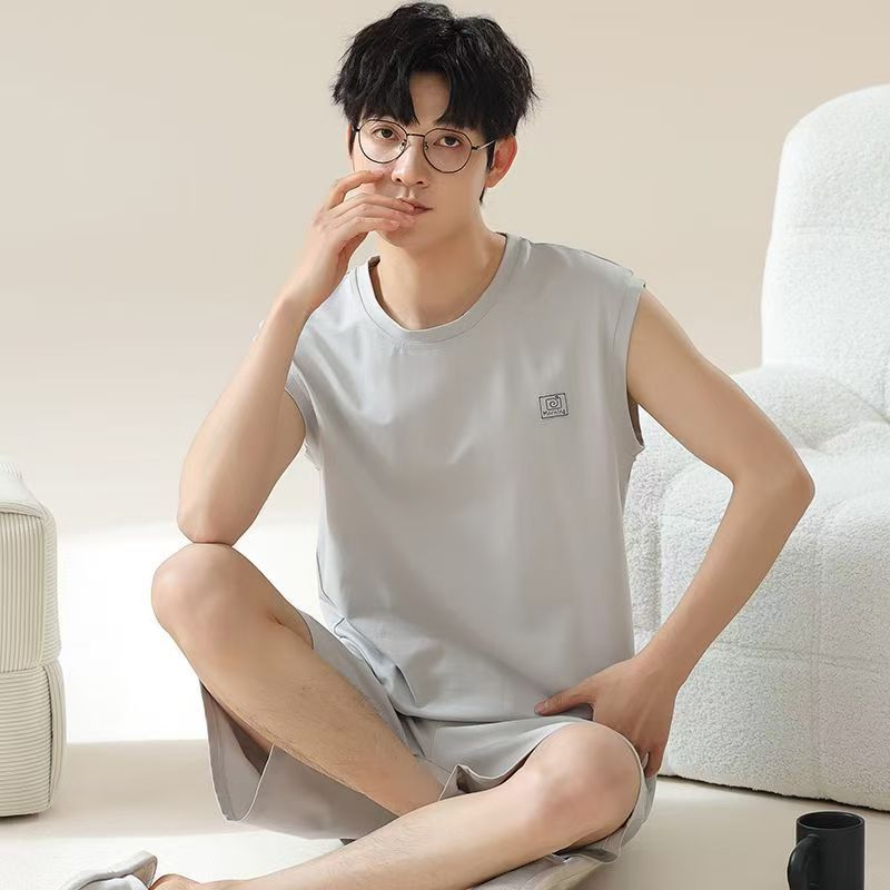 Men's Comfortable Pajama Set Summer Modal Cotton Men's Sleepwear Ice Silk Tank Top+Shorts Set Loose Home Clothes