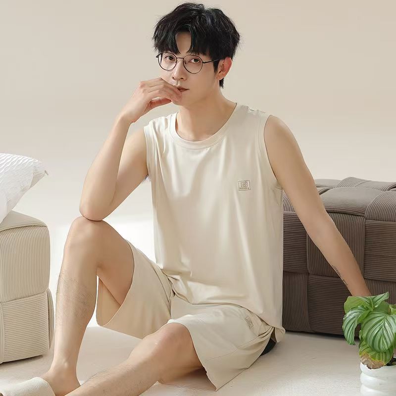 Men's Comfortable Pajama Set Summer Modal Cotton Men's Sleepwear Ice Silk Tank Top+Shorts Set Loose Home Clothes