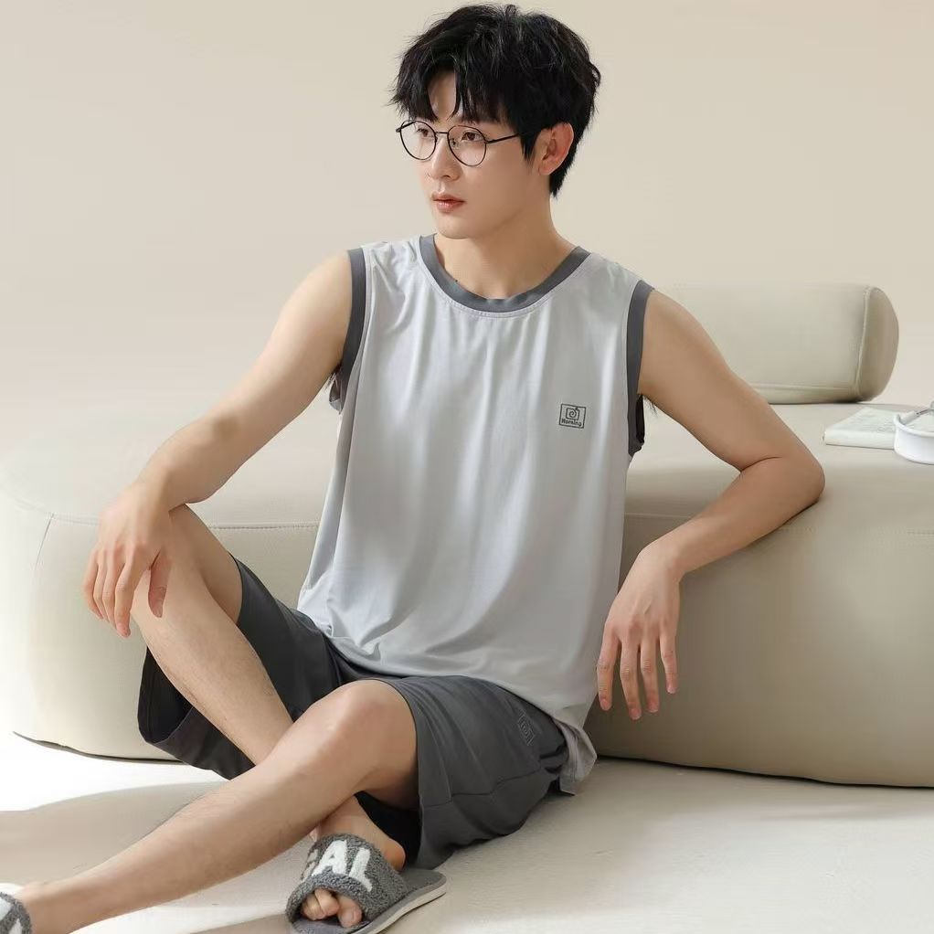 Men's Comfortable Pajama Set Summer Modal Cotton Men's Sleepwear Ice Silk Tank Top+Shorts Set Loose Home Clothes