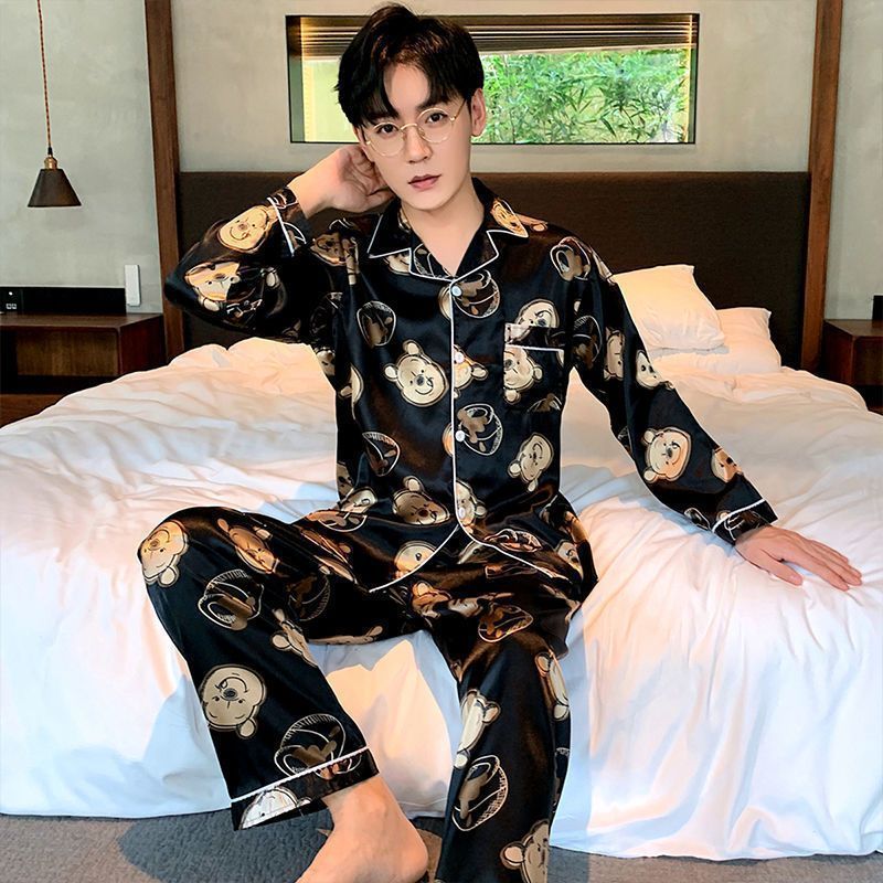 Pajamas ice silk long sleeve thin style plus fat plus size ins cardigan men's wear