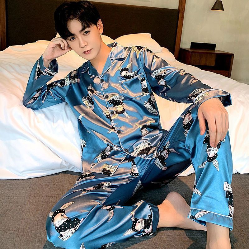 Pajamas ice silk long sleeve thin style plus fat plus size ins cardigan men's wear