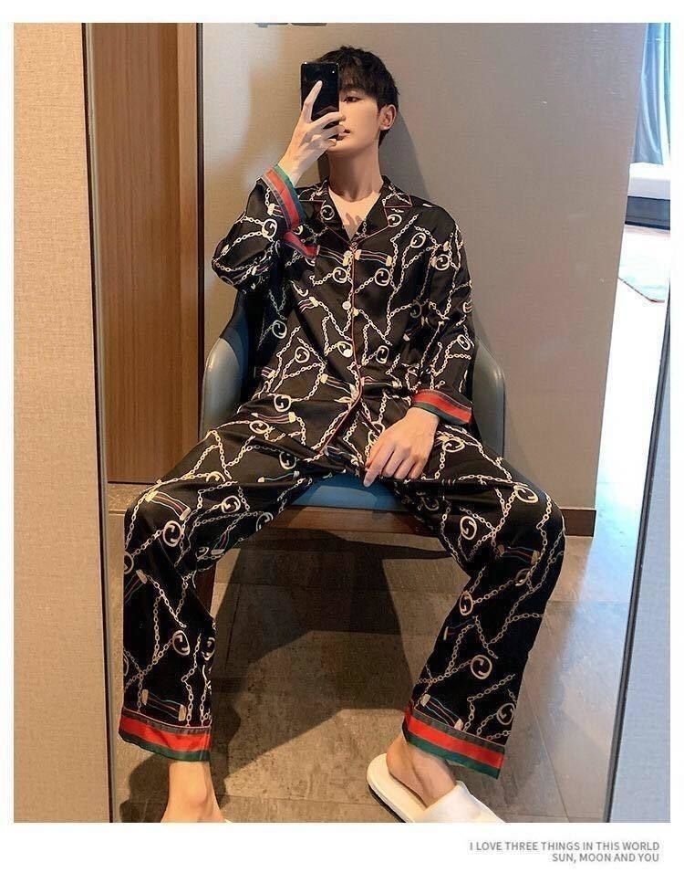 Pajamas ice silk long sleeve thin style plus fat plus size ins cardigan men's wear
