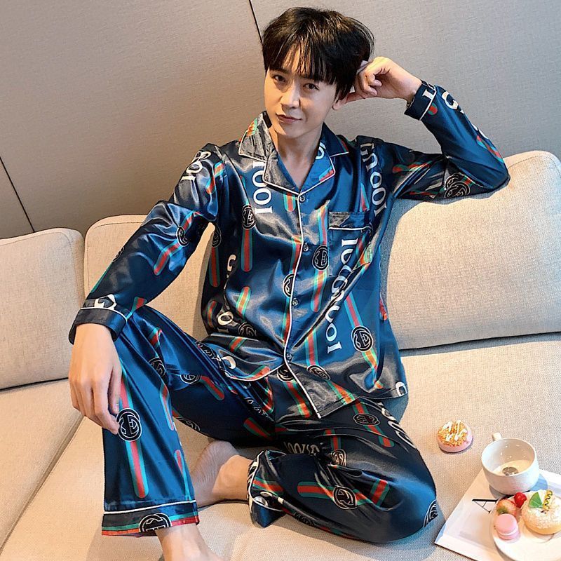 Pajamas ice silk long sleeve thin style plus fat plus size ins cardigan men's wear