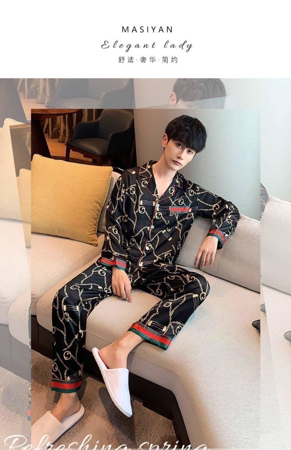 Pajamas ice silk long sleeve thin style plus fat plus size ins cardigan men's wear