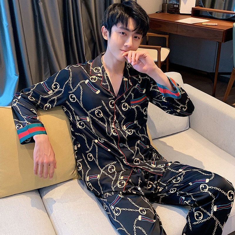 Pajamas ice silk long sleeve thin style plus fat plus size ins cardigan men's wear