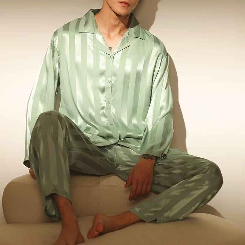 Men's Ice Silk Pajama Set Long Sleeve Thin Simulation Silk Comfortable Home Clothes Pajamas