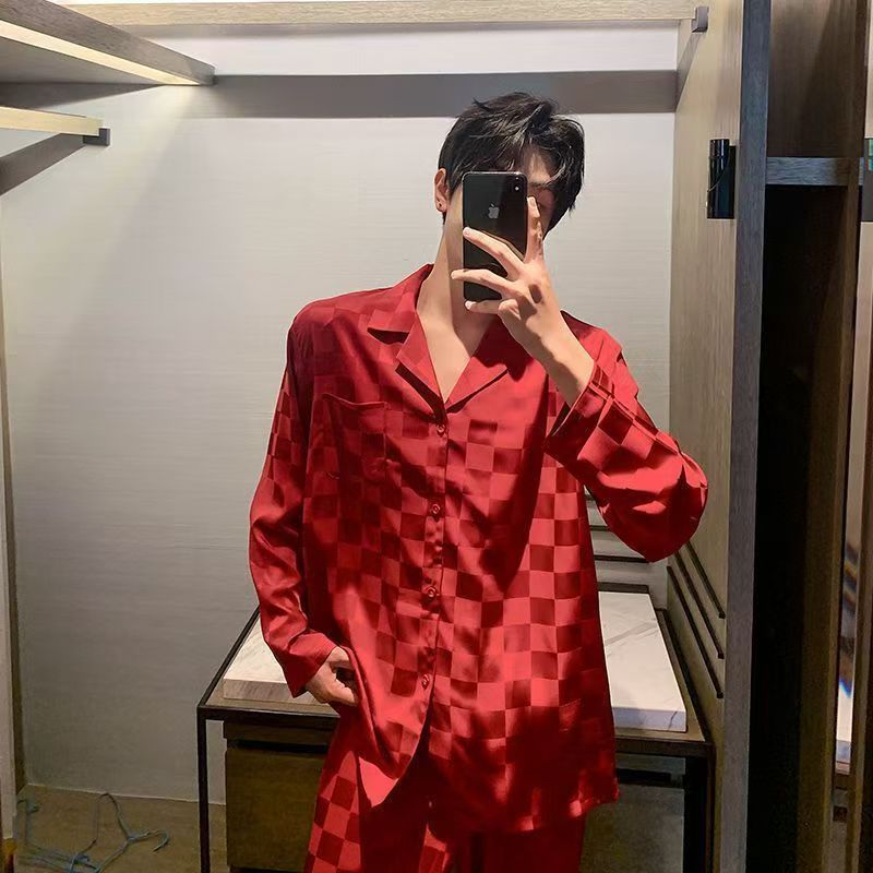Men's Ice Silk Pajama Set Long Sleeve Thin Simulation Silk Comfortable Home Clothes Pajamas