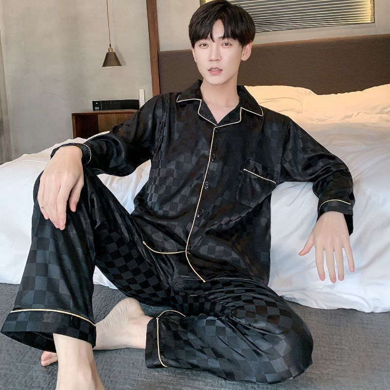 Men's Ice Silk Pajama Set Long Sleeve Thin Simulation Silk Comfortable Home Clothes Pajamas