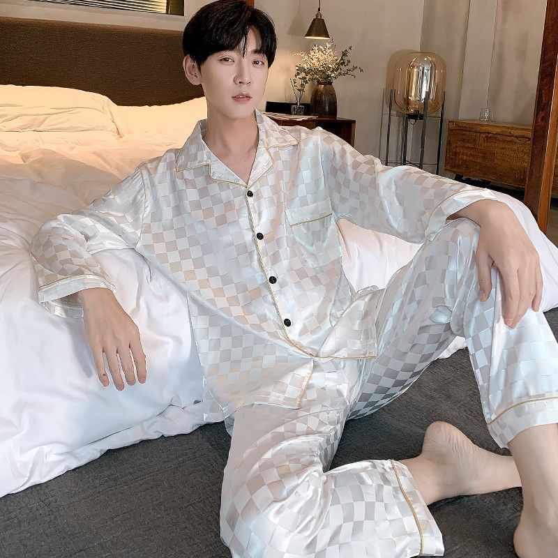 Men's Ice Silk Pajama Set Long Sleeve Thin Simulation Silk Comfortable Home Clothes Pajamas