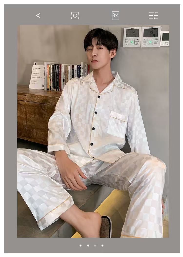 Men's Ice Silk Pajama Set Long Sleeve Thin Simulation Silk Comfortable Home Clothes Pajamas