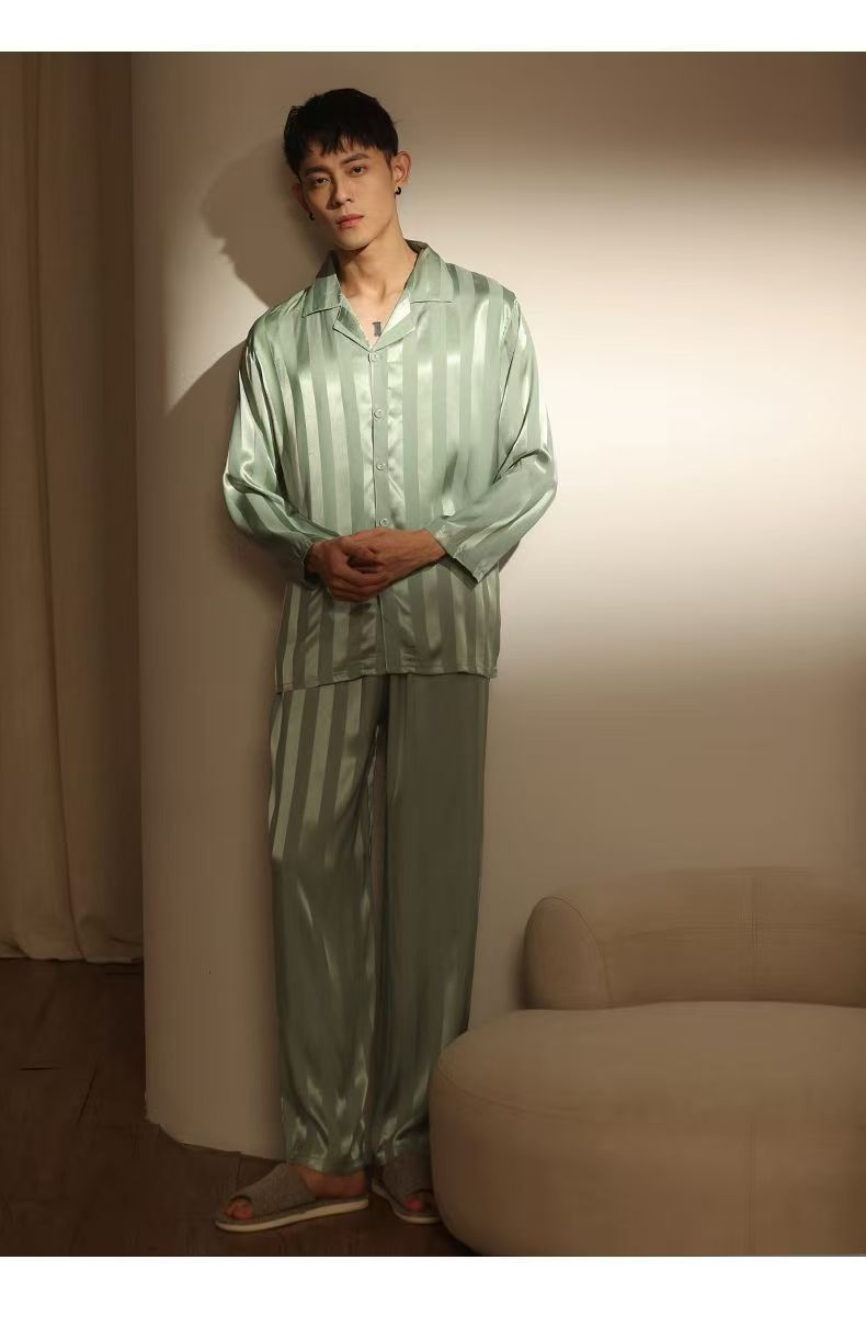 Men's Ice Silk Pajama Set Long Sleeve Thin Simulation Silk Comfortable Home Clothes Pajamas