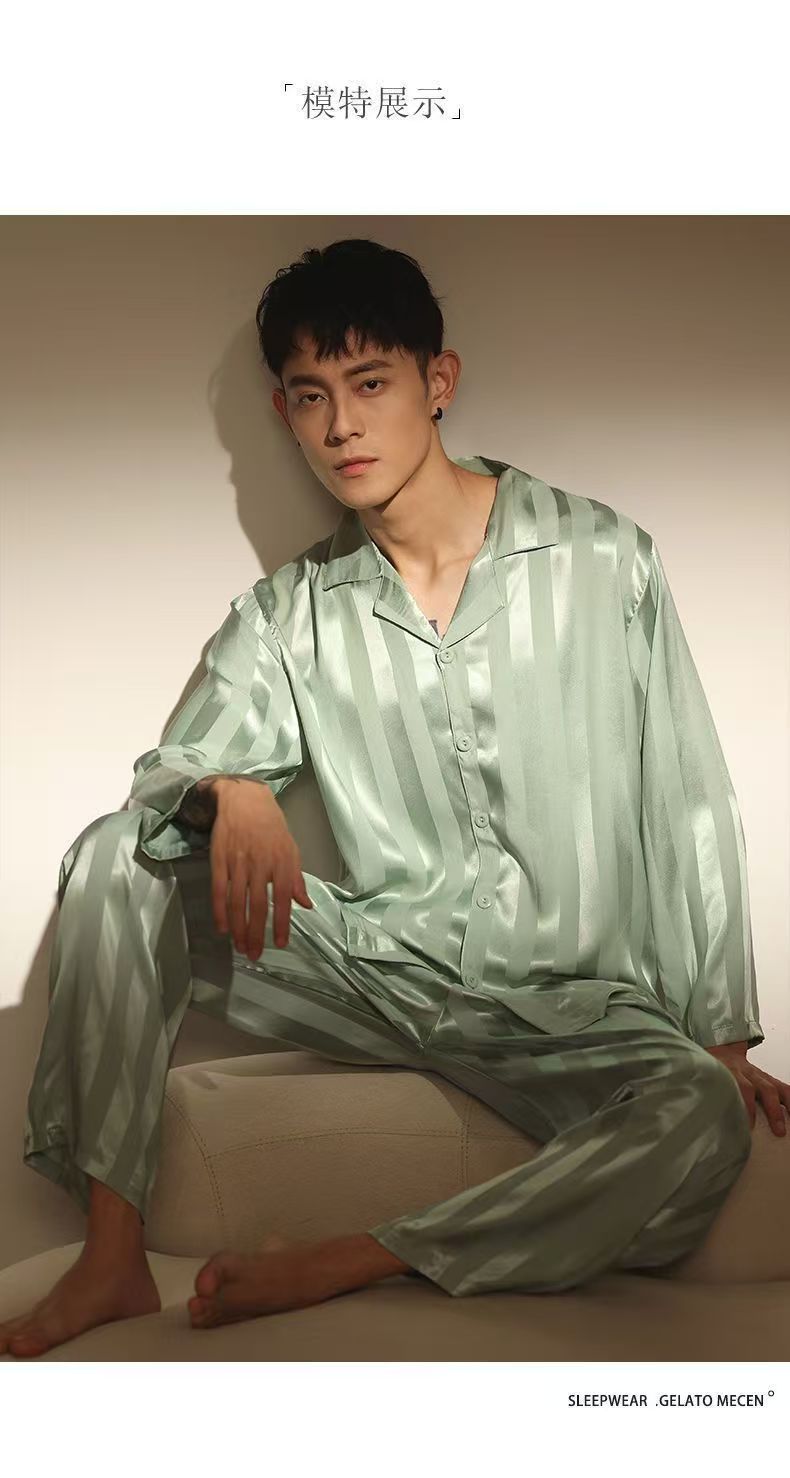 Men's Ice Silk Pajama Set Long Sleeve Thin Simulation Silk Comfortable Home Clothes Pajamas