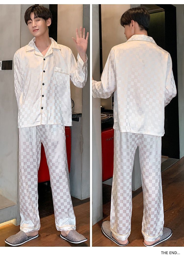 Men's Ice Silk Pajama Set Long Sleeve Thin Simulation Silk Comfortable Home Clothes Pajamas