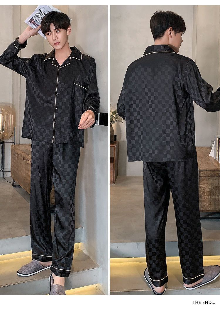 Men's Ice Silk Pajama Set Long Sleeve Thin Simulation Silk Comfortable Home Clothes Pajamas