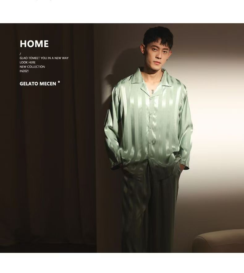 Men's Ice Silk Pajama Set Long Sleeve Thin Simulation Silk Comfortable Home Clothes Pajamas