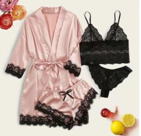 Fashion 4 Pieces Pajama Sets Night Dress Women Sleepwear Women Silk Pajamas Home Clothes Summer Sets Casual Lace Sexy lingerie