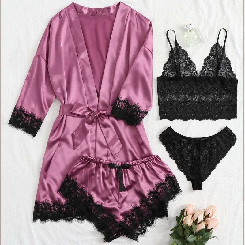 Fashion 4 Pieces Pajama Sets Night Dress Women Sleepwear Women Silk Pajamas Home Clothes Summer Sets Casual Lace Sexy lingerie