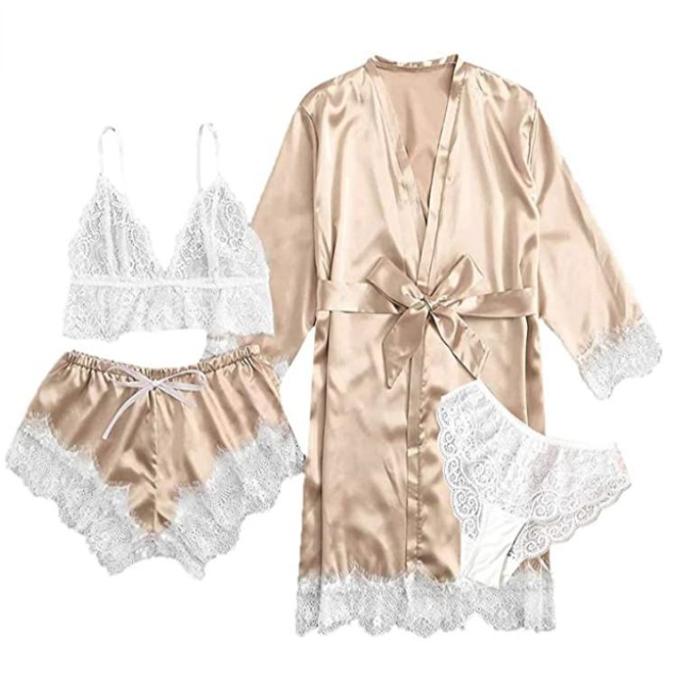 Fashion 4 Pieces Pajama Sets Night Dress Women Sleepwear Women Silk Pajamas Home Clothes Summer Sets Casual Lace Sexy lingerie