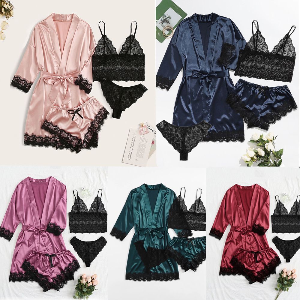 Fashion 4 Pieces Pajama Sets Night Dress Women Sleepwear Women Silk Pajamas Home Clothes Summer Sets Casual Lace Sexy lingerie