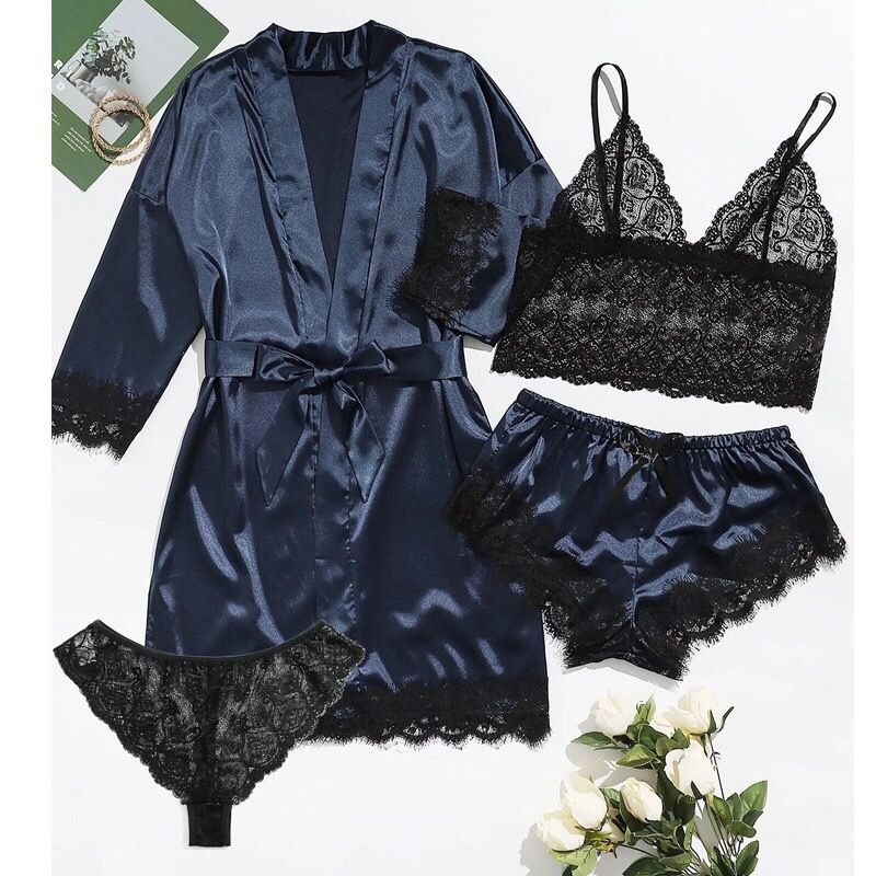 Fashion 4 Pieces Pajama Sets Night Dress Women Sleepwear Women Silk Pajamas Home Clothes Summer Sets Casual Lace Sexy lingerie