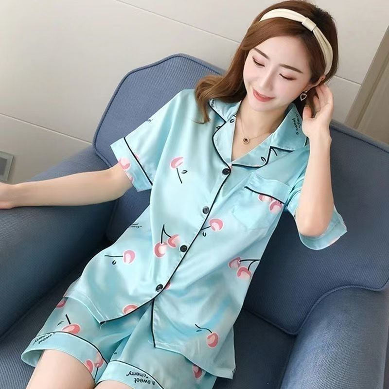 Pajamas women geometric pattern summer short-sleeved shorts thin cardigan simulation silk home service two-piece suit