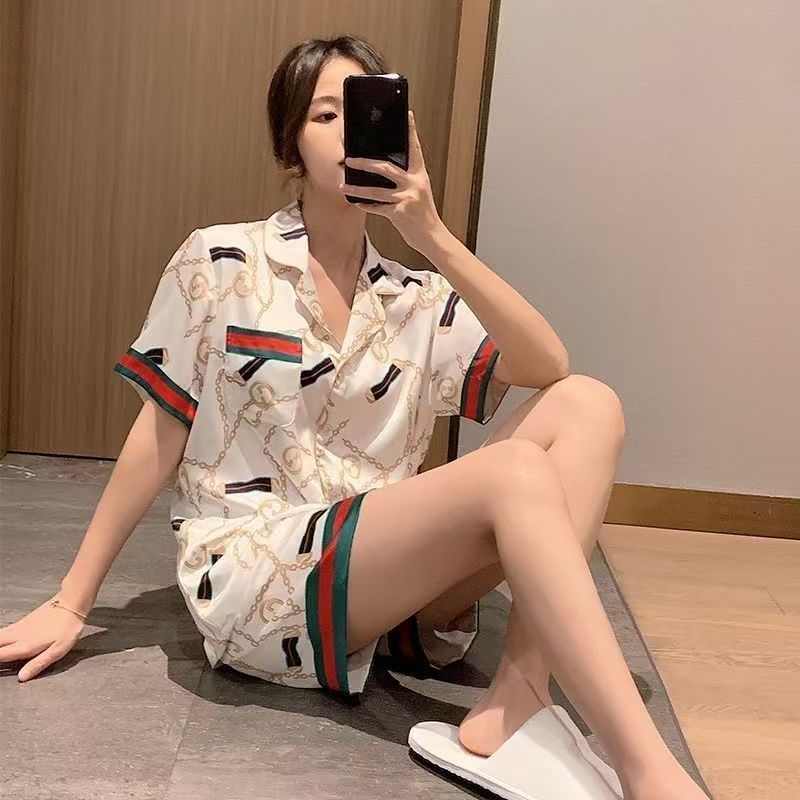 Pajamas women geometric pattern summer short-sleeved shorts thin cardigan simulation silk home service two-piece suit