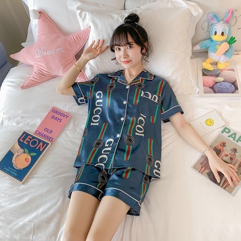 Pajamas women geometric pattern summer short-sleeved shorts thin cardigan simulation silk home service two-piece suit