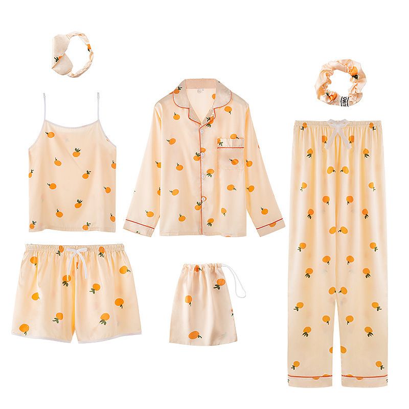 7 Pieces Women Pajamas Sets Satin Sleepwear Silk Nightwear Pyjama Strap Lace Sleep Lounge Pajama with Chest Pads