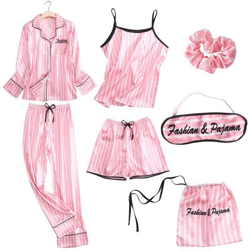 7 Pieces Women Pajamas Sets Satin Sleepwear Silk Nightwear Pyjama Strap Lace Sleep Lounge Pajama with Chest Pads