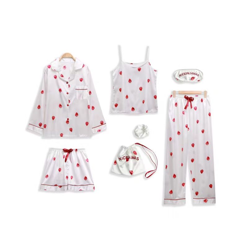 7 Pieces Women Pajamas Sets Satin Sleepwear Silk Nightwear Pyjama Strap Lace Sleep Lounge Pajama with Chest Pads