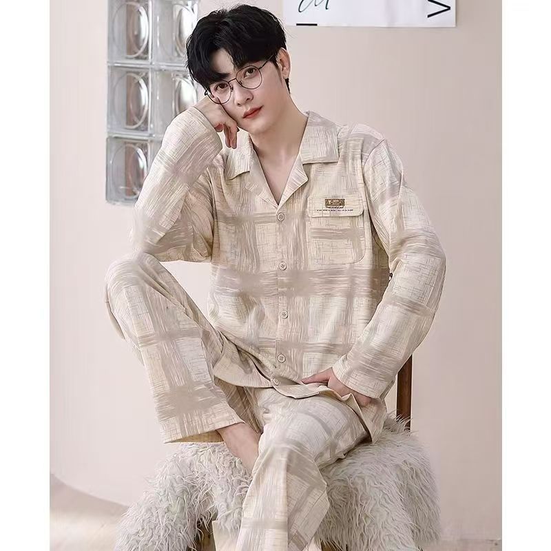 Men’S Thermal Pajamas Sets With Long Sleeve Long Pants Housewear Suit Winter Autumn Checkered Pattern Sleepwear