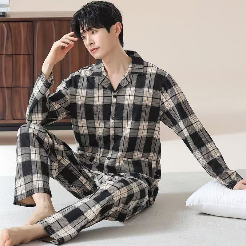 Men’S Thermal Pajamas Sets With Long Sleeve Long Pants Housewear Suit Winter Autumn Checkered Pattern Sleepwear